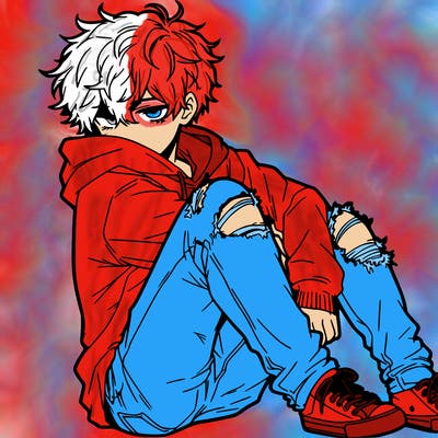a male hoddie ripped jeans messy hair anime