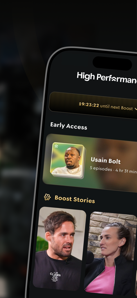 High Performance App - Smartphone screen of the High Performance App displaying early access content with Usain Bolt and motivational boost stories.