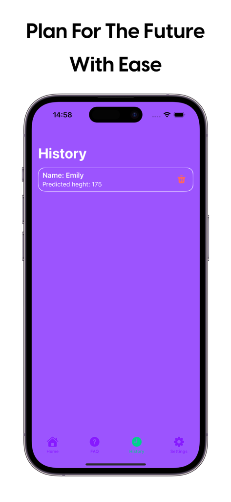 History screen of the Height Predictor App showing a saved prediction for a child named Emily