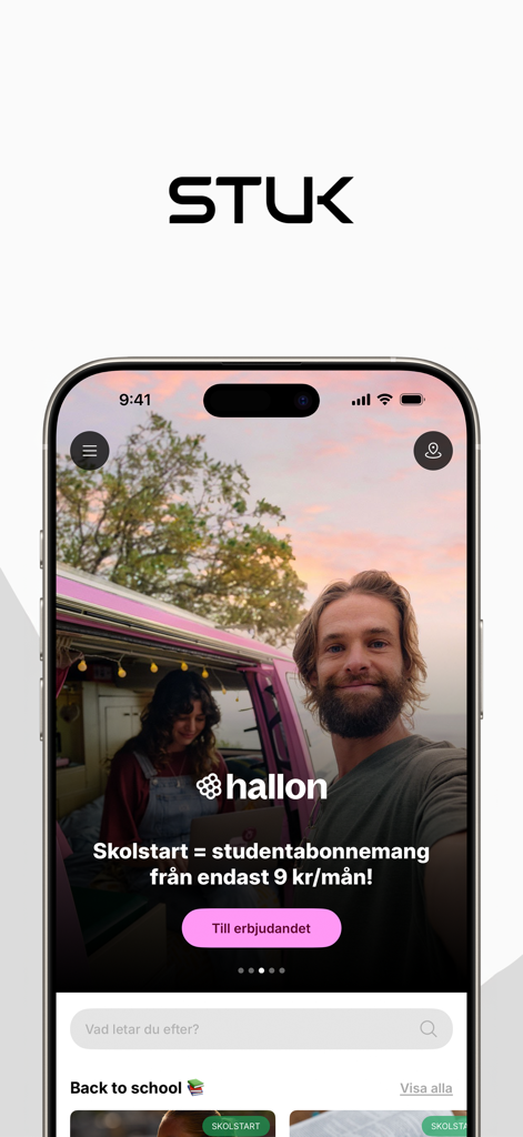 STUK - Home screen of the STUK app featuring student discounts and back to school offers on an iPhone