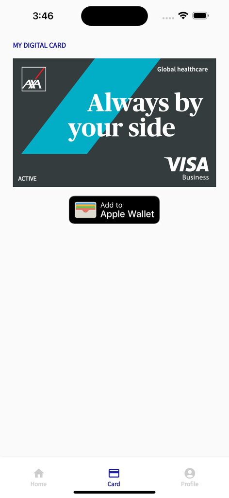 AXA Global Healthcare digital card with an Add to Apple Wallet button