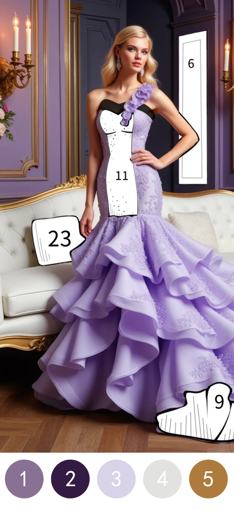 Uma modelo realista usando um vestido de princesa roxo com babados em uma interface de colorir por número
