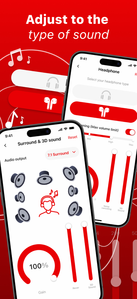 Music Eq App-Oberfläche mit 3D-Surround-Sound-Steuerungen und Kopfhörerauswahl