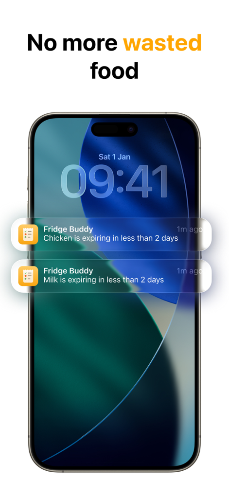 Smartphone lock screen displaying Fridge Buddy notifications for chicken and milk expiring soon.