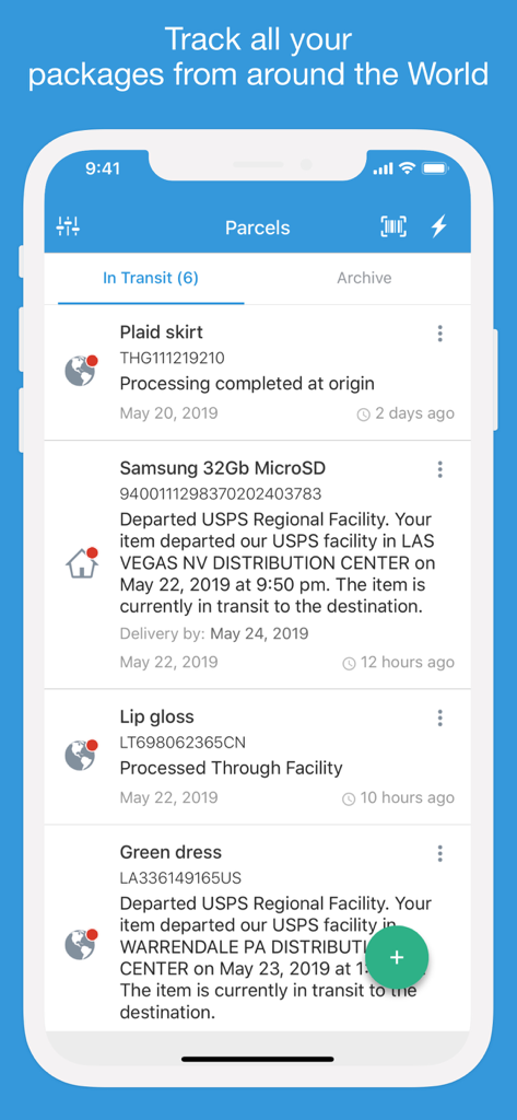 Packages - Track Your Parcels - Interface of the Packages app showing a list of tracked parcels with status updates and estimated delivery dates