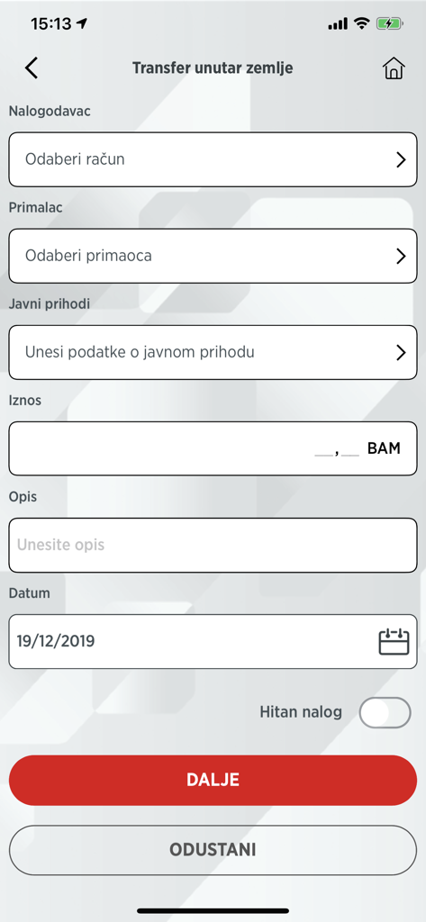 Domestic money transfer screen in the Ziraat Bank BH Mobile app showing fields for recipient, amount in BAM, and date.