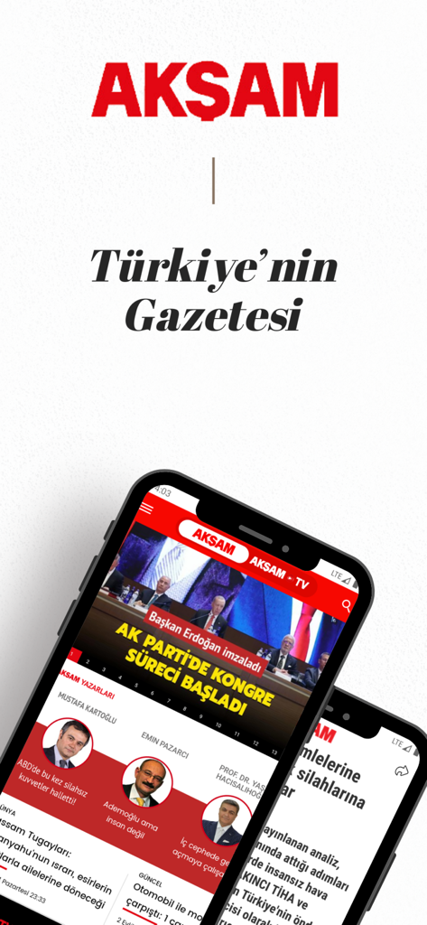 Aplicación móvil AKŞAM Gazetesi mostrando noticias turcas y opiniones de columnistas en una pantalla de iPhone