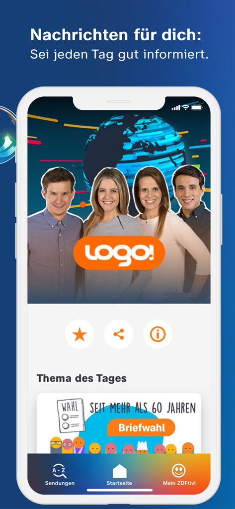 ZDFtivi-App – Kinderfernsehen - Un écran de smartphone affichant l'application ZDFtivi avec la section d'actualités logo ! pour enfants présentant quatre présentateurs et le sujet du jour sur le vote postal.