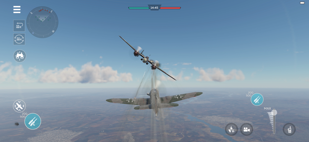 Aerial dogfight between two WWII military planes in War Thunder Mobile