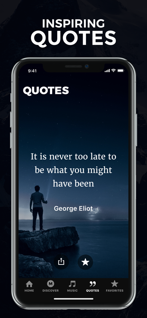 Motivate: Daily Motivation - Screenshot dell'app Motivate che mostra una citazione ispiratrice di George Eliot su uno sfondo di cielo notturno sereno.