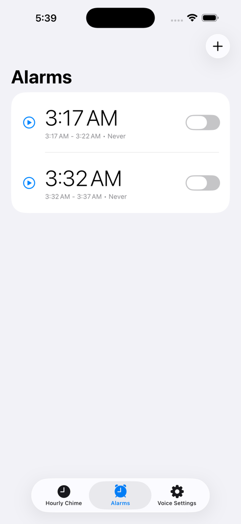 Human Voice Alarm Clock - Interface showing a list of set alarms in the Human Voice Alarm Clock app.