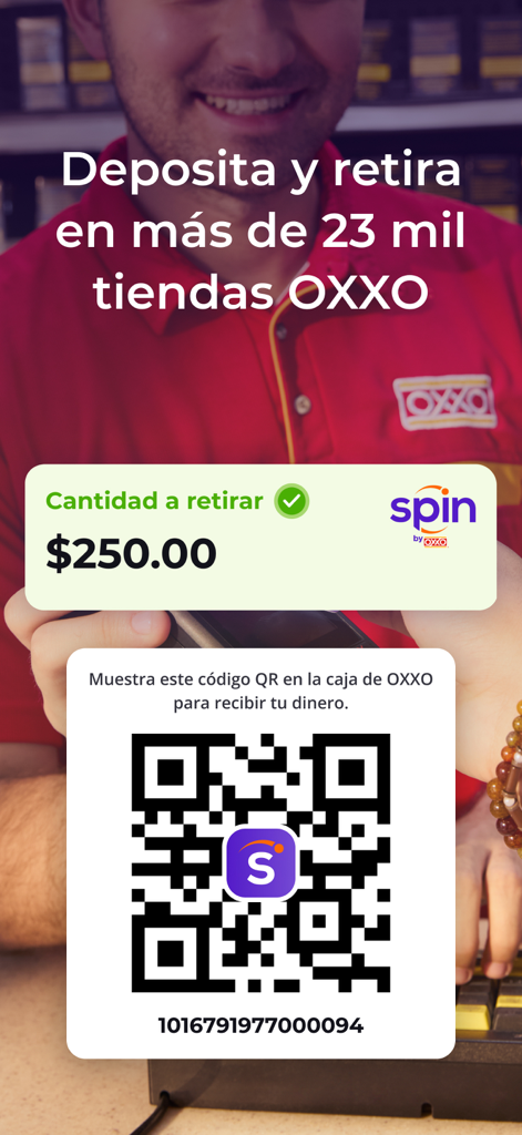 Un código QR mostrado en la app Spin by OXXO para retiro de efectivo en tiendas OXXO