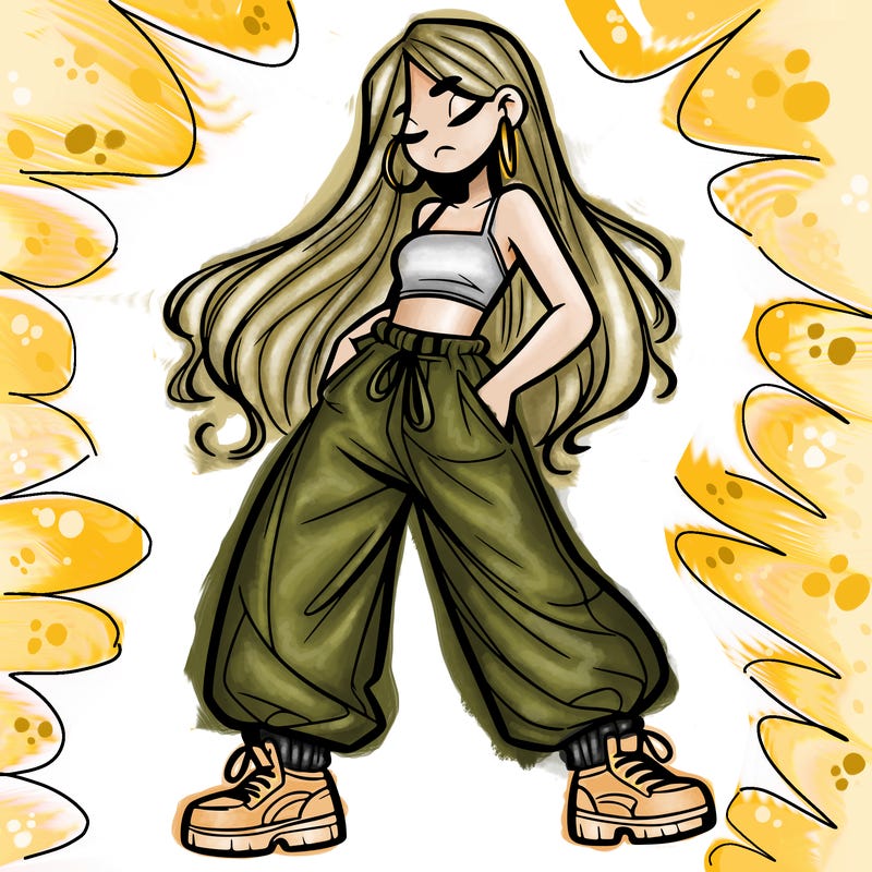 girl in baggy pants crop top and long hair