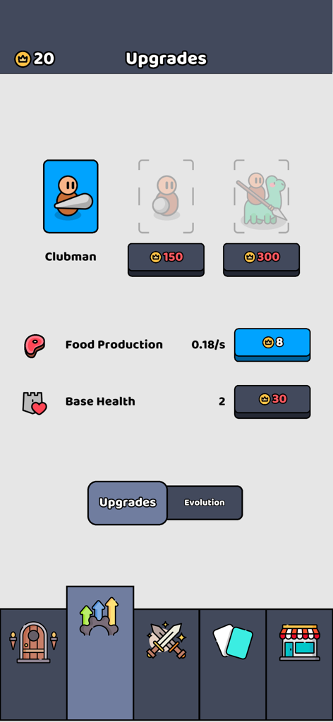 We Are Warriors! - Upgrades menu in the We Are Warriors game showing unit unlocks and food production stats