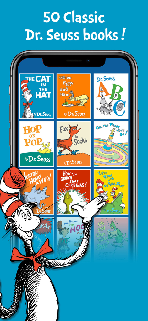 Eine Sammlung von 50 klassischen Dr. Seuss-Büchern auf einem Smartphone-Bildschirm mit der Figur 'Ein Kater macht Theater' (The Cat in the Hat).