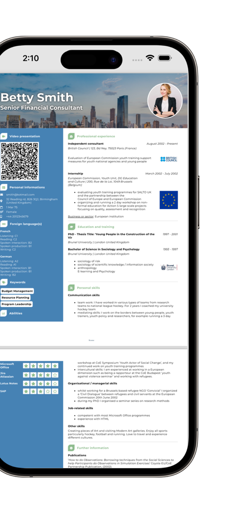 A professional digital resume for a Senior Financial Consultant displayed on a smartphone screen
