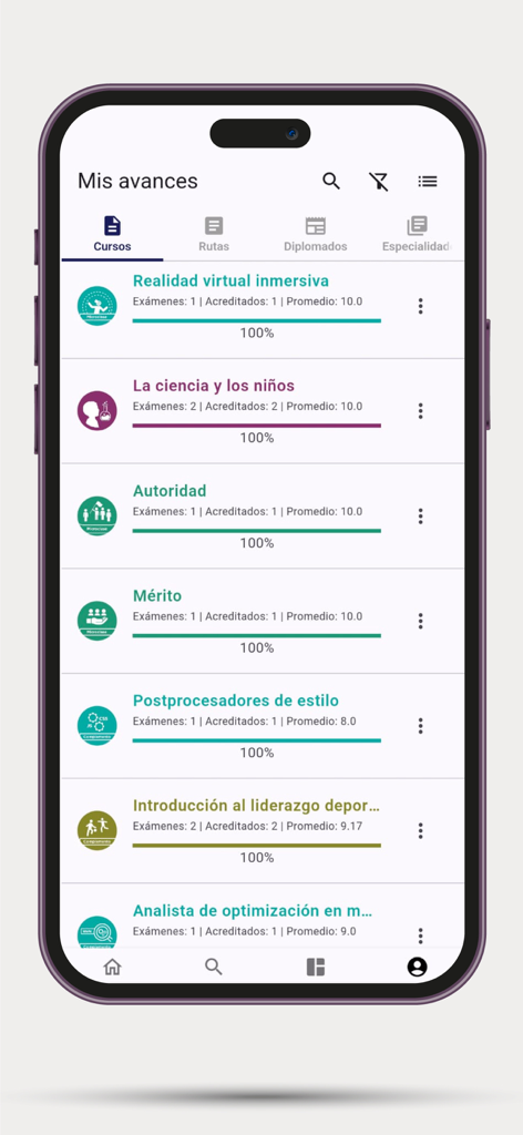 Aprende - The My Progress screen in the Aprende app displaying a list of completed Spanish vocational courses