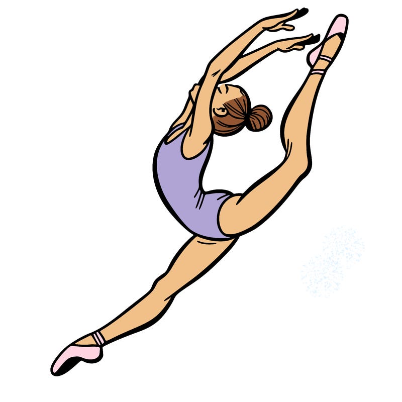 gymnast doing a leap in a leotard with a bent back leg