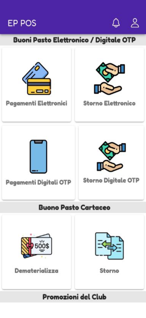 Dashboard principale dell'app mobile EP POS che mostra le opzioni per i pagamenti con voucher elettronici e digitali e i rimborsi