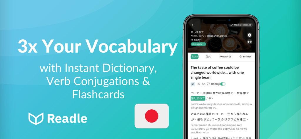 Readle: Learn Japanese Fast - Readle app interface showing Japanese reading stories with instant dictionary and verb conjugation tools