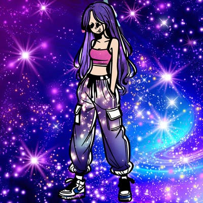 girl in baggy pants crop top and long hair