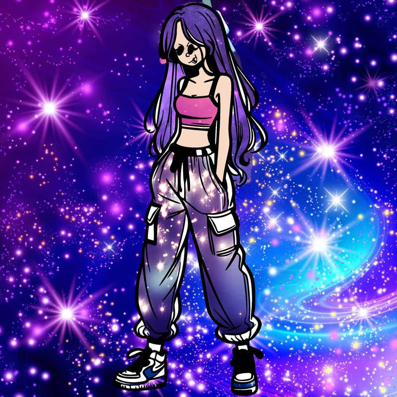 girl in baggy pants crop top and long hair