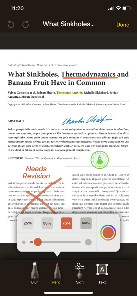 ドキュメント上のペンと署名の注釈ツールを示すMy Scansアプリのインターフェイス。