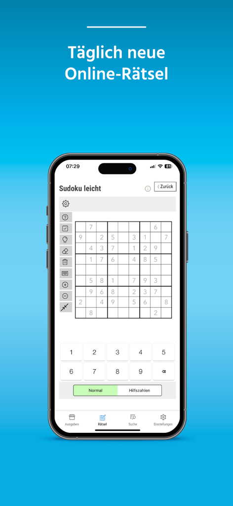 ZVW ePAPER - Oberfläche der ZVW ePAPER App, die ein tägliches Sudoku-Rätsel auf dem Bildschirm eines Smartphones zeigt.