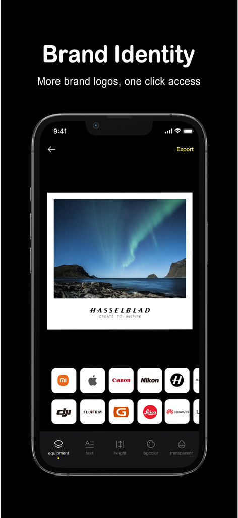 Frame Watermark Camera app interface showing a photo with a Hasselblad watermark and a grid of camera brand logos including Leica and Canon