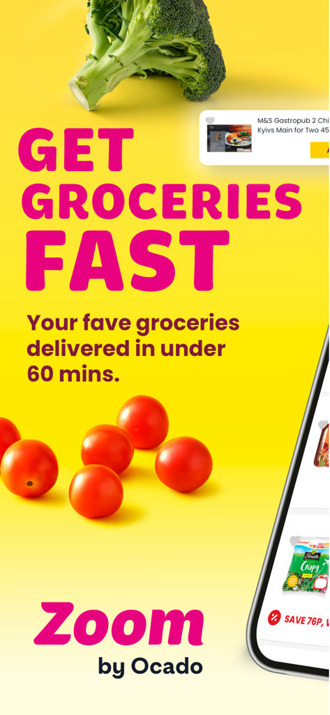 Zoom by Ocado mobile app screen promoting grocery delivery in under 60 minutes with fresh vegetables