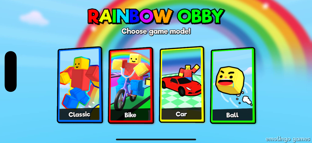 Écran de sélection des modes de jeu Rainbow Obby présentant les modes Classique, Vélo, Voiture et Balle avec un fond arc-en-ciel coloré.