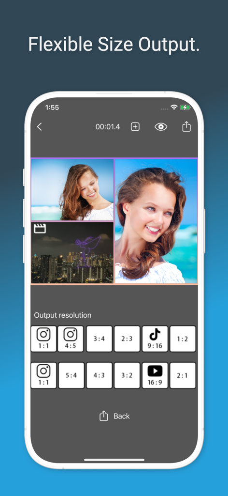 Video Collage Maker: Pic Mix - Interface showing various aspect ratio options for video collage export in the Pic Mix app.