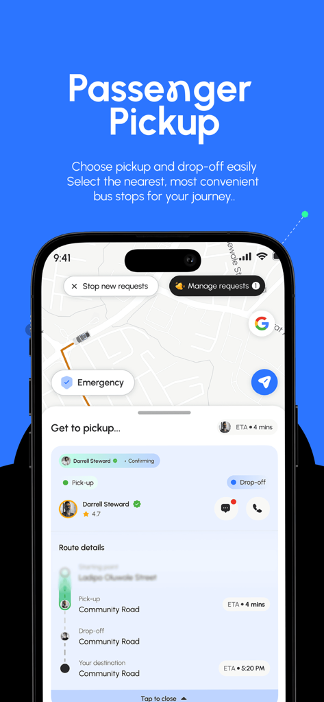 Linc Ride - Interface de l'application mobile Linc Ride montrant un écran de prise en charge de passager avec suivi sur carte et détails du chauffeur.