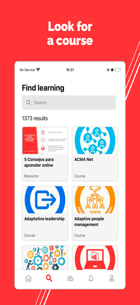 MSF Tembo Learning - La pantalla de búsqueda de la aplicación MSF Tembo Learning que muestra una barra de búsqueda y cursos educativos humanitarios.