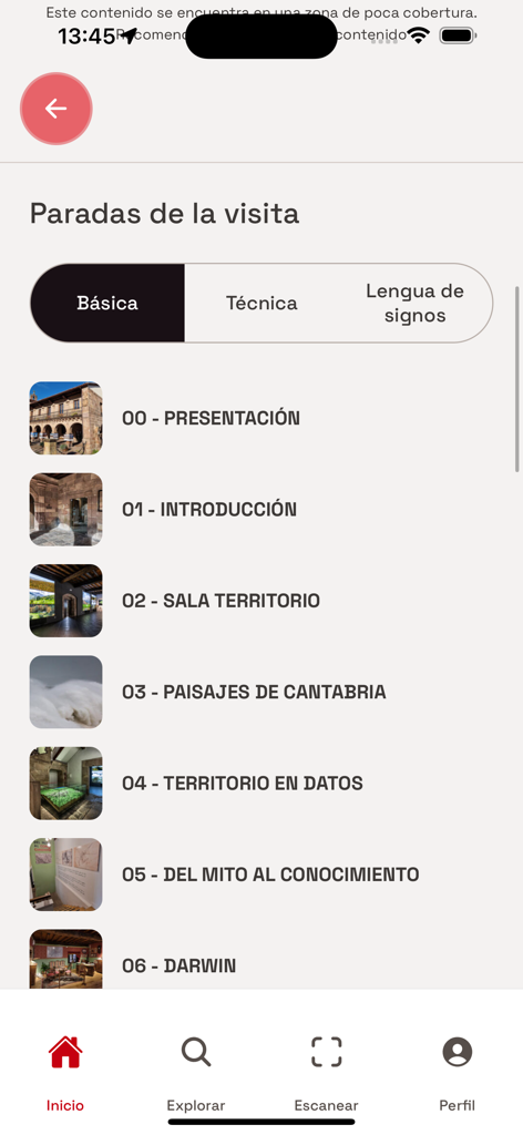 Te cuento - Interface of the Te Cuento app showing a list of cultural visit stops with options for basic info and sign language.