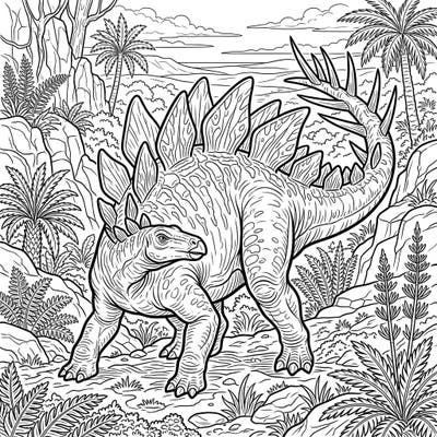 Embark on a prehistoric adventure with our detailed Stegosaurus Defense coloring page. This captivating design showcases the powerful dinosaur's unique features amidst a lush ancient landscape, perfect for an engaging coloring experience.