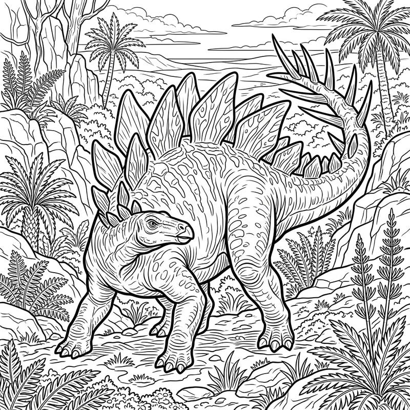 Embark on a prehistoric adventure with our detailed Stegosaurus Defense coloring page. This captivating design showcases the powerful dinosaur's unique features amidst a lush ancient landscape, perfect for an engaging coloring experience.