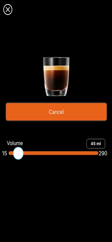 JURA Pocket Pilot - JURA Pocket Pilot app interface showing an espresso shot with a volume customization slider set to 45ml and a cancel button.