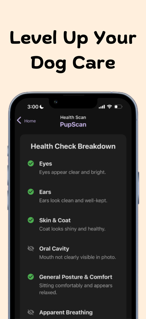 PupScan - Dog Translator - A smartphone screen displaying a dog health check breakdown from the PupScan app including results for eyes ears and skin