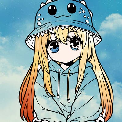 girl with anime shaped eyes with a dinosaur bucket hat oversized sweatshirt long straight hair