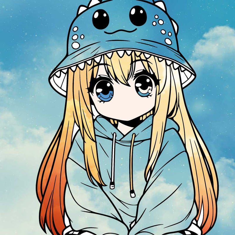 girl with anime shaped eyes with a dinosaur bucket hat oversized sweatshirt long straight hair