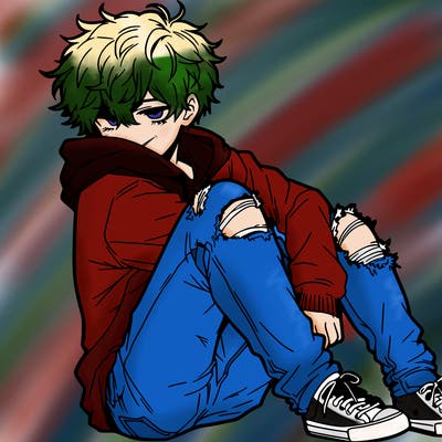 a male hoddie ripped jeans messy hair anime