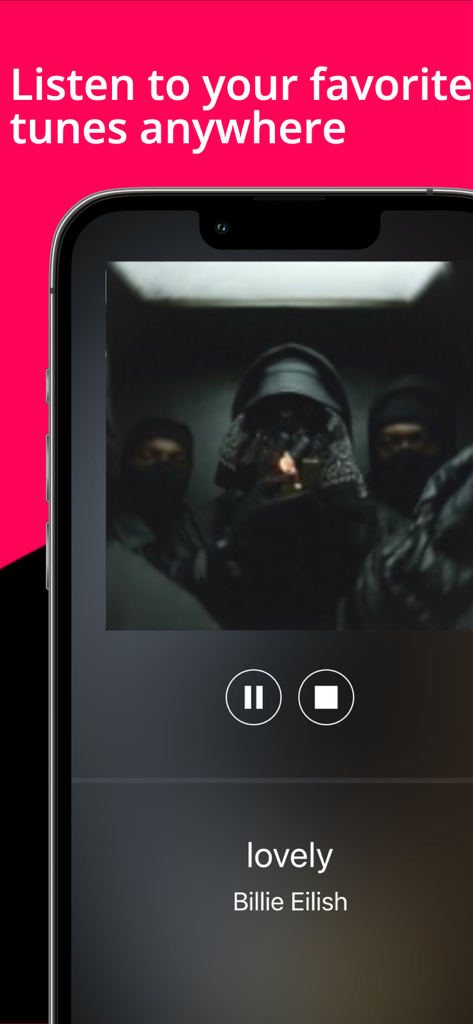 Premium Music Stations - Smartphone screen showing the Premium Music Stations app playing music with Billie Eilish song details