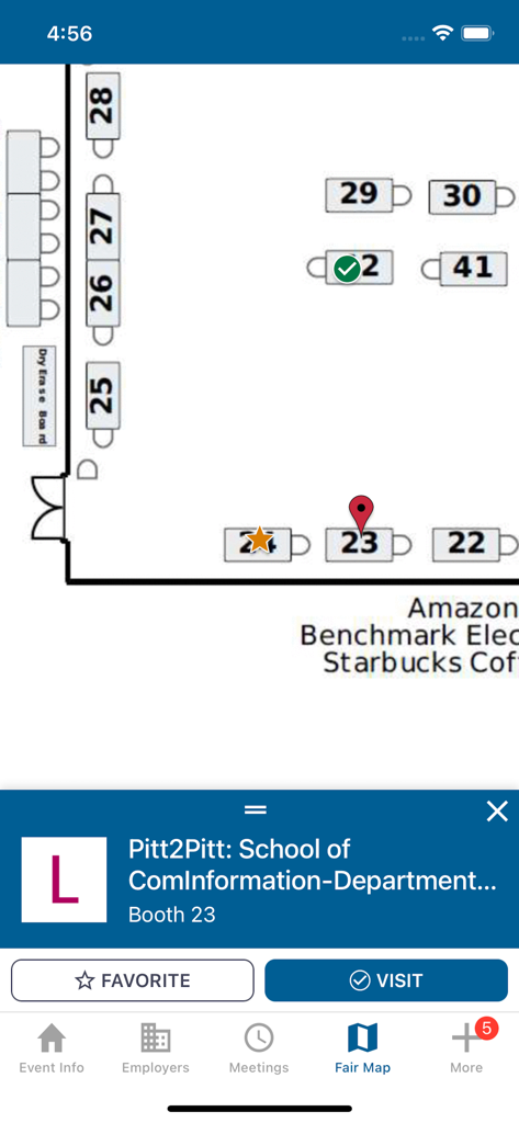 Career Fair Plus - A screenshot of the Career Fair Plus app showing an interactive event floor plan with numbered booths and details for a selected booth.