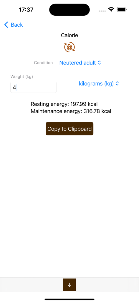 Screenshot of the cat calorie calculator showing resting and maintenance energy results for a neutered adult cat.