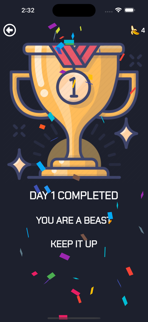 Home Workout : No Equipments - Ilustración de un trofeo dorado en una pantalla de aplicación de entrenamiento celebrando la finalización del día uno con confeti.