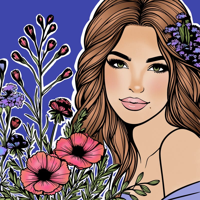 beautiful woman with realistic wildflowers