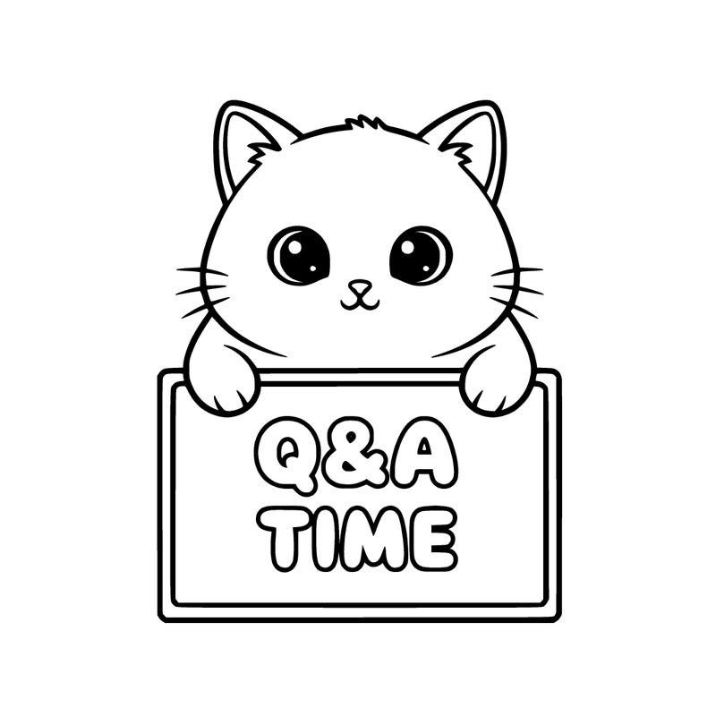 cute cat, holding a sign with q&a time written on it