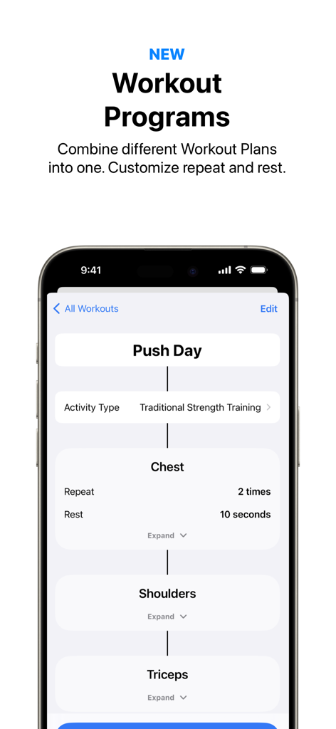 Timed: Workout Timer & Planner - Interface of the Timed app displaying a custom Push Day workout program with exercise sequences