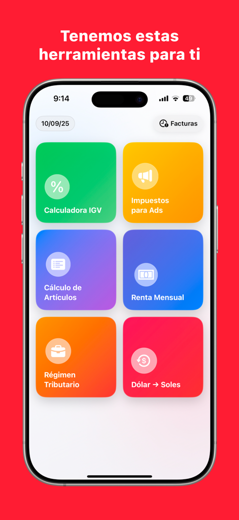 Main dashboard of the IGV Peru Tool mobile app showing various tax and currency conversion options.